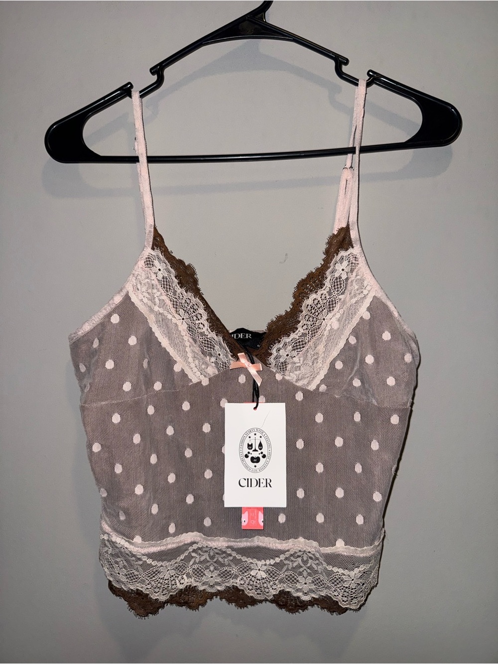 Cider Polka Dot Lace Trim Cami - Pink/Gray